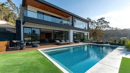Modern luxury home with pool overlooking hills