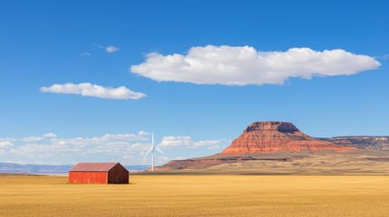 Obraz premium rural farm landscape featuring red barn, wind turbines, and rocky mountain under blue sky