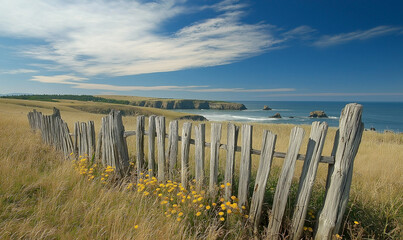Obraz premium Weathered driftwood fence along the coast, blending natural beauty with oceanic serenity