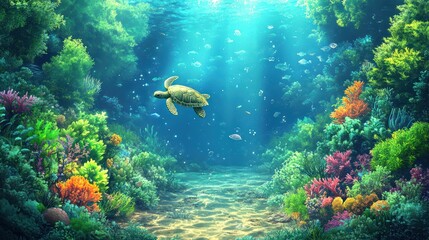Fototapeta premium Underwater scene with sea turtle swimming over vibrant coral reef.