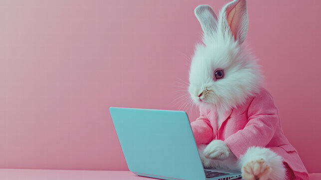 fluffy white rabbit in pink suit sits at laptop, creating whimsical and playful scene. vibrant colors and unique attire add fun touch to image