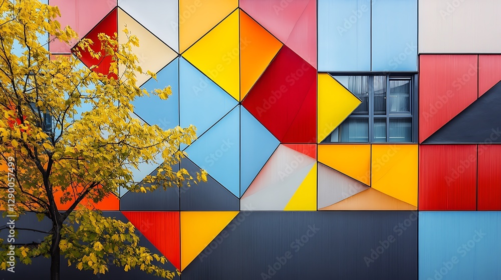 Poster modern architecture facade with geometric patterns and autumn tree backdrop