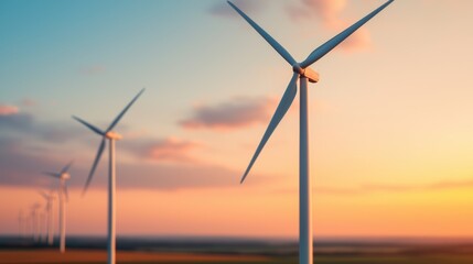 Fototapeta premium Modern wind farm with giant turbines generating clean energy at sunset
