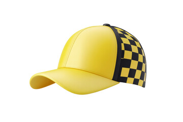 Yellow and black checkered hat with a black and yellow logo on the front, isolated