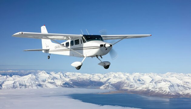 A small aircraft flies over snow-capped mountains and a glacial expanse under a clear blue sky.