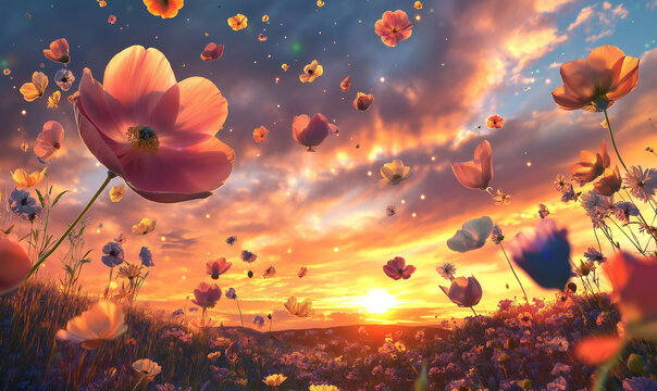 Surreal landscape with floating flowers suspended in the air, evoking wonder and dreamlike beauty.