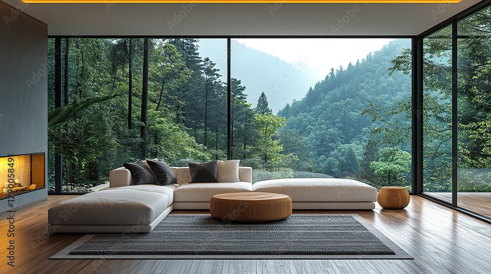 Poster interior design modern living room with white sofa wooden floor carpet and window with nature view 3