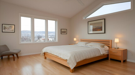 Bright Modern Bedroom with City View and Light Wood Floors