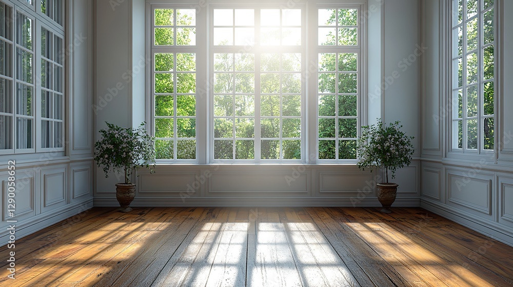 Aufkleber interior of empty room with window and sunlight cross on the window 3d rendering