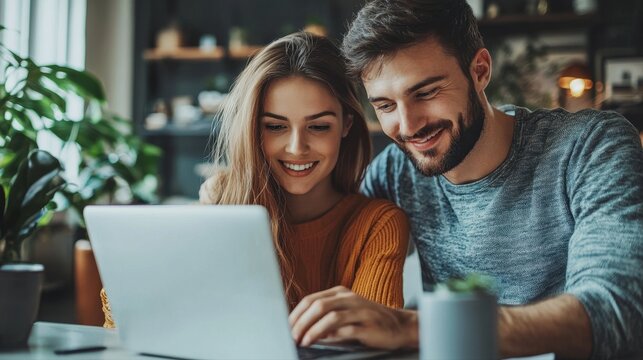 Couple collaborating and analyzing data together on a laptop screen - Powered by Adobe