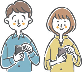 スマホを操作する夫婦　上半身　ベクター