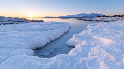 Snowy Coastline Sunrise, Frozen Water, Calm, Mountain View