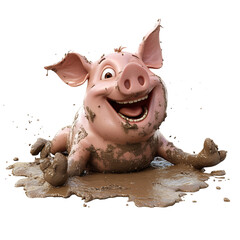 A Joyful 3D Cartoon Pig Sitting in Mud Isolated on Transparent Background