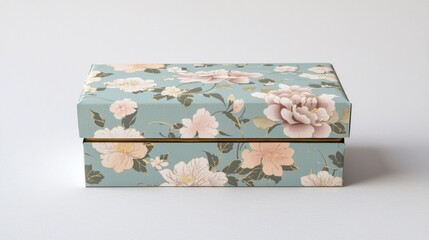 Obraz premium Floral gift box on a white background. The box is decorated with a floral pattern in shades of pink, white, and green.