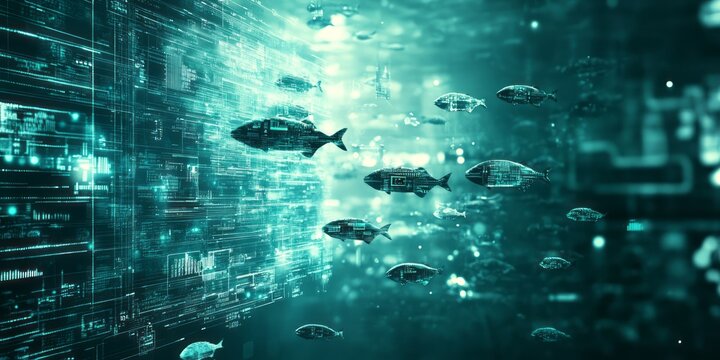 Digital fish swim near a glowing data structure underwater