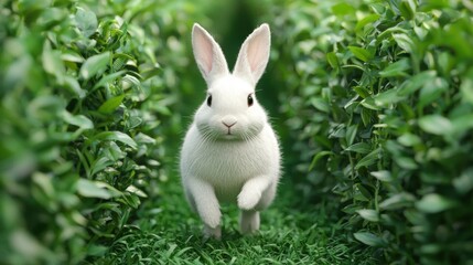 Fototapeta premium A white rabbit runs through a green field. Concept of nature, wildlife, and spring.