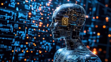 AI supervised machine learning. Digital humanoid silhouette with a glowing circuit background.