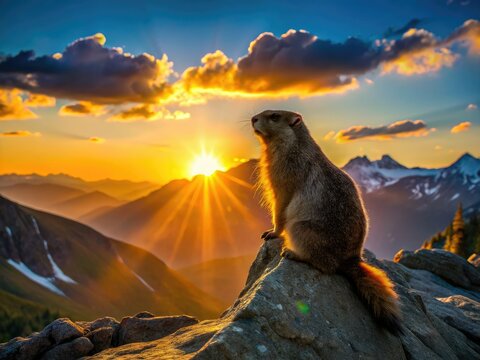 Majestic bobak marmot silhouette, a dark profile against a vibrant sunset mountain backdrop.