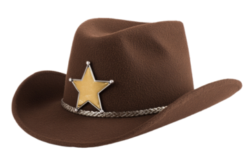 Brown cowboy hat with a star and a star badge on it, isolated