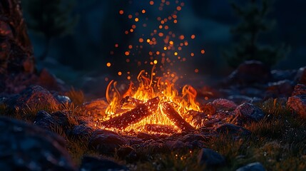 Vibrant Campfire Flames Illuminating Logs and Rocks in a Scenic Outdoor Setting at Night