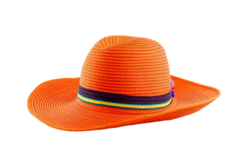 Bright orange straw hat with a yellow and green stripe, isolated