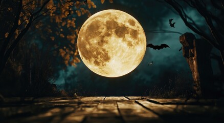 Halloween moonlit wooden deck with spooky trees