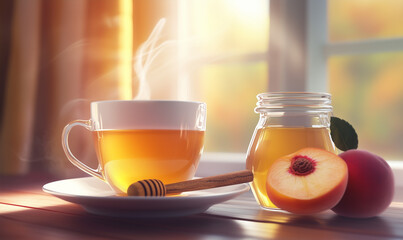 Inviting Steaming Cup of Peach Tea Infused with Cinnamon Stick for Relaxing Gourmet Beverage Moments