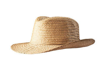 Straw hat with a brown band sits on a white background, isolated