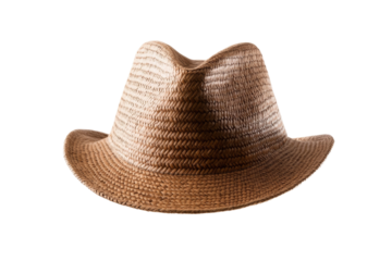 Straw hat with a brown band sits on a white background, isolated