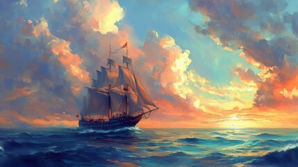 Fototapeta premium Sailing Ship on Colorful Horizon at Sunset