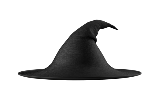 Black hat with a pointed top and a long, black tail, isolated