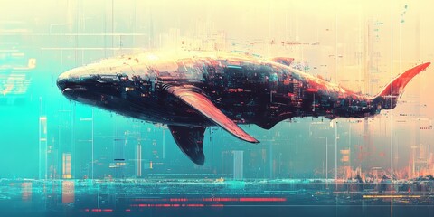 Cybernetic whale swimming through digital ocean environment artistically rendered