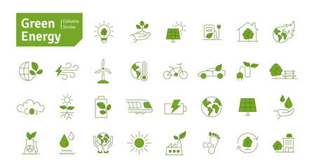 Green Energy Green Line Icons Set. Climate Change, Solar Energy, Green Technology, Sustainable Energy, Renewable Energy, Recycling Icons Editable Stroke Vector Illustration