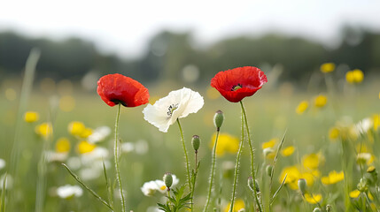 Obraz premium Red and White Poppies in a Summer Field