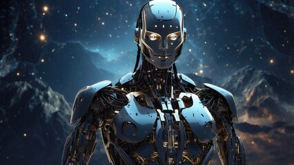 Fototapeta premium A small humanoid robot with an orange head and limbs