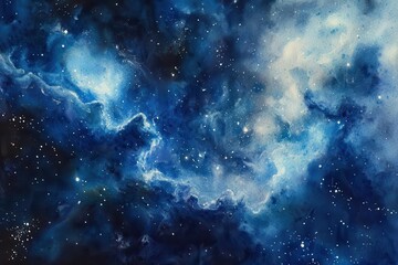 Naklejka premium celestial nebula watercolor with swirling cosmos of deep blues and silvers, ethereal star clusters emerging from misty depths