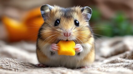 Cute Hamster Eating Cheese on Burlap