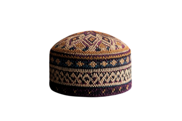 Colorful hat with a patterned design sits on a white background, isolated