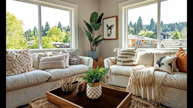 Cozy living room with natural light, inviting plants, decorative pillows, and warm decor creates serene atmosphere with large windows and stylish wooden elements.