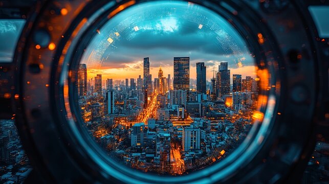 A cityscape viewed through the lens of augmented reality, showcasing investment opportunities