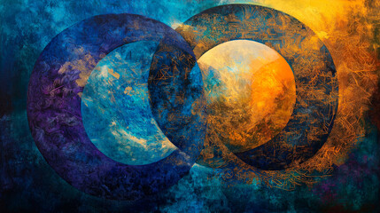 The background is an abstract artistic embodiment of mystical energy, seething cosmic blue and dark purple colors merging with golden light