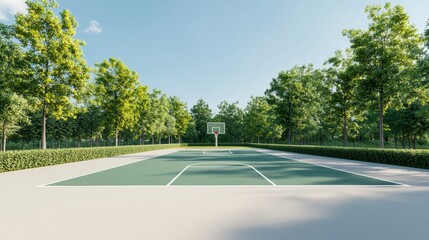 Obraz premium Outdoor basketball court surrounded by trees on a sunny day. Concept of sports, recreation, and outdoor activities.