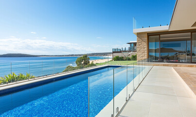 Fototapeta premium Modern glass fence by the ocean complemented by a pool, embodying luxury coastal architectural style