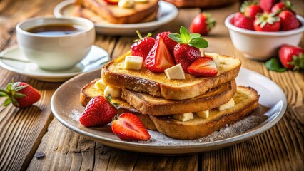 Miniature French toast breakfast: strawberries, bananas, coffee. Tilt-shift photography captures delicious detail.
