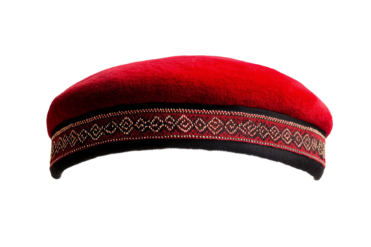 Red hat with a black band and gold and silver beads, isolated