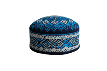 Blue and white knitted hat with a blue and white pattern, isolated