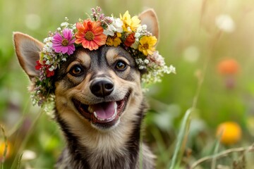 Cute baby dog swedish vallhund wearing savage flower circlet on its head. Vacation time happiness....