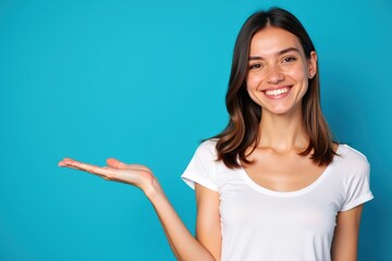 A Smiling Young Woman in a Casual White T-Shirt Against a Vibrant Blue Background Gestures Positively with Her Hand, Radiating Joy and Approachability