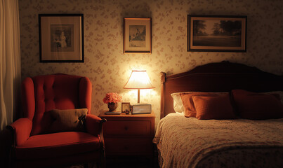 Cozy guest room adorned with soft linens, vintage furniture, and a welcoming, homely atmosphere