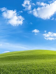 Fototapeta premium A beautiful green hill under a clear blue sky with fluffy white clouds representing peaceful nature and serenity